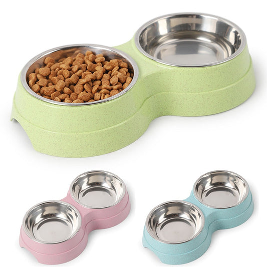 Double Pet Bowls Dog Food Water Feeder